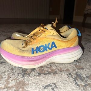 Hoka Bondi 8 Yellow and Pink Running Shoes